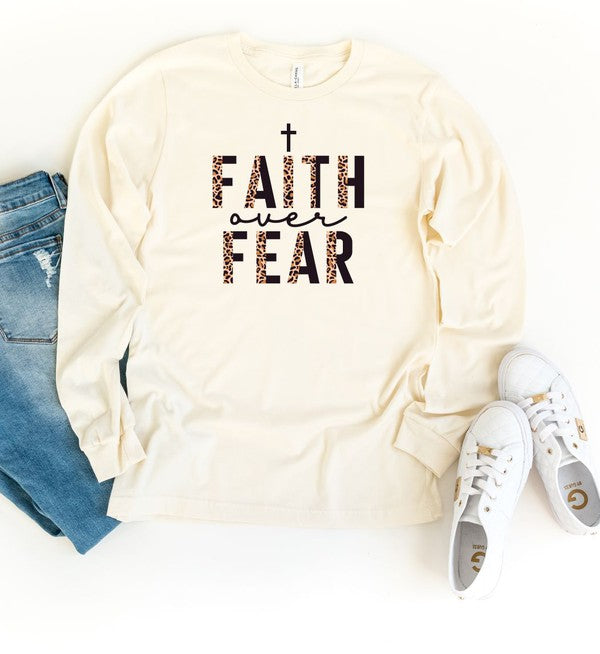 Faith Over Fear Leopard Long Sleeve Tee See size chart under “more details”