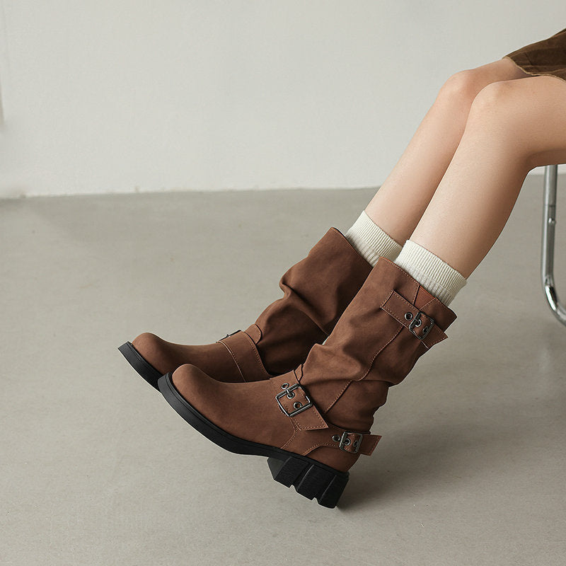 Retro Western Style Cowboy Millennial Inspired Mid Calf Platform Boots