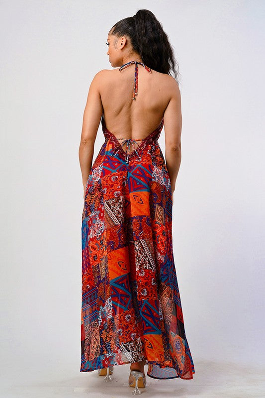 Bohemian print sequin lace trim maxi dress See size chart under “more details”