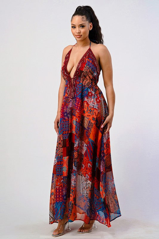 Bohemian print sequin lace trim maxi dress See size chart under “more details”