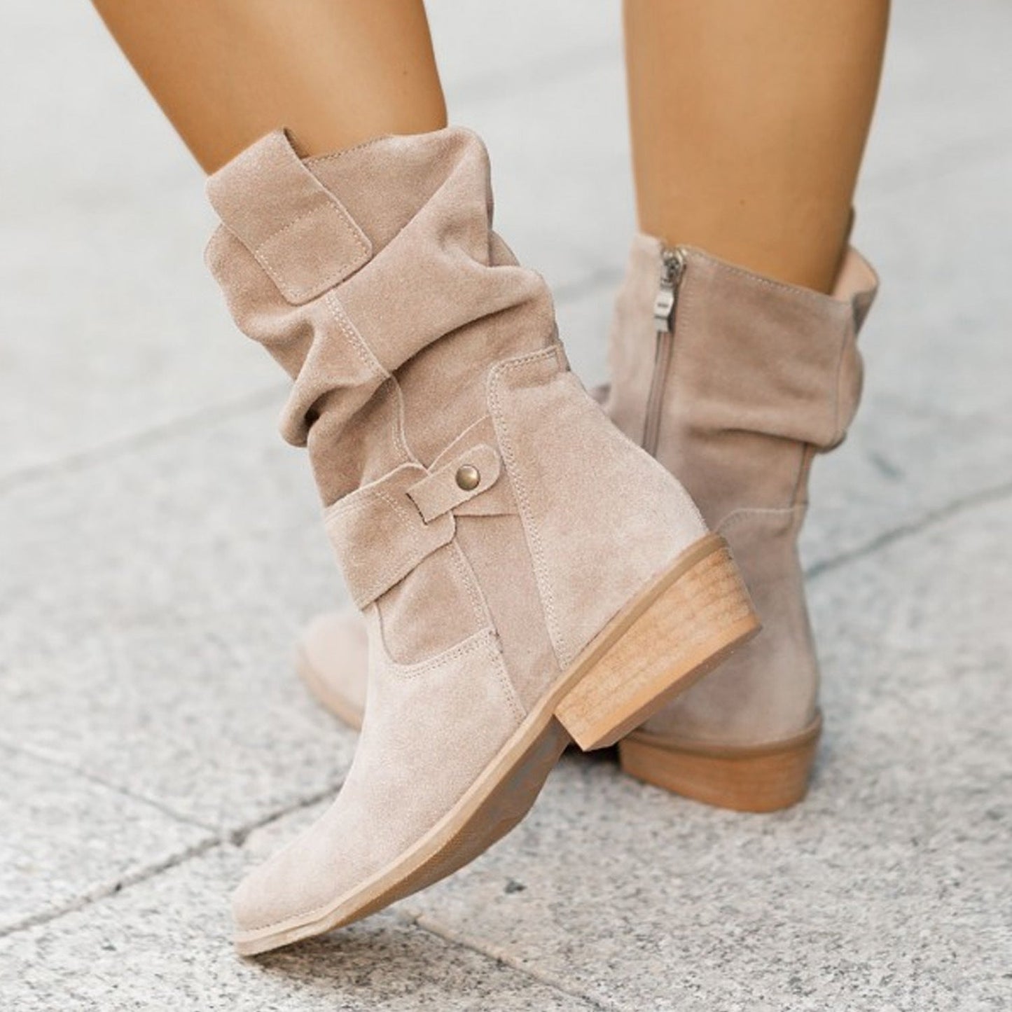 Ins Pointed Toe Mid-calf Boots Fashion Suede Zipper Western Boot Winter Shoes For Women