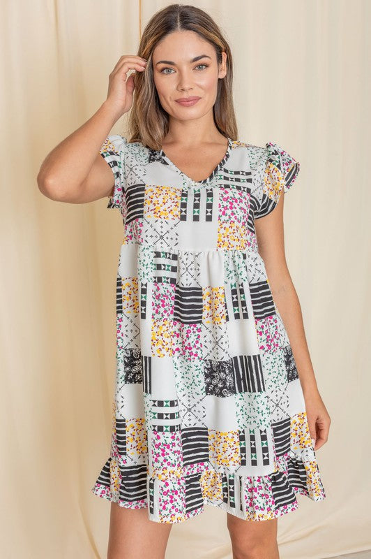 Mix Print Flutter Sleeve Mini Dress See size chart under “more details”