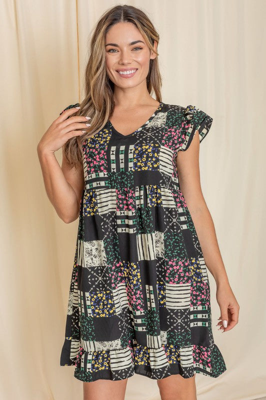 Mix Print Flutter Sleeve Mini Dress See size chart under “more details”