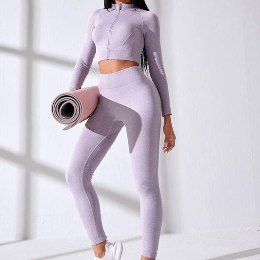 Traje de ropa deportiva de manga larga ajustado con cremallera y top alto para yoga sin costuras