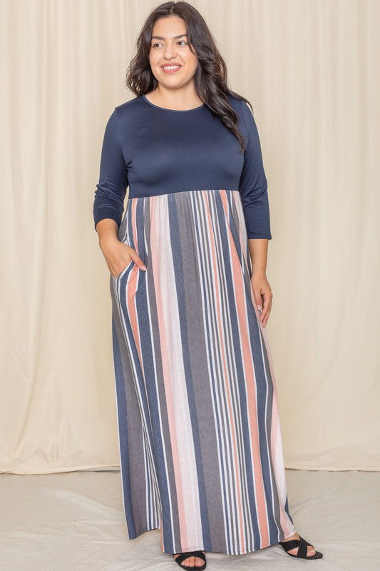 Plus Stripe Quarter Sleeve Maxi Dress See size chart under “more details”
