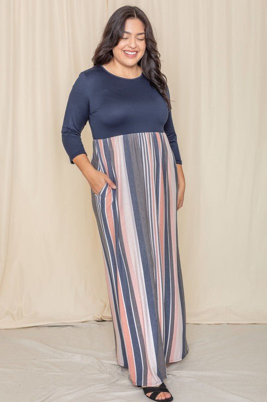Plus Stripe Quarter Sleeve Maxi Dress See size chart under “more details”
