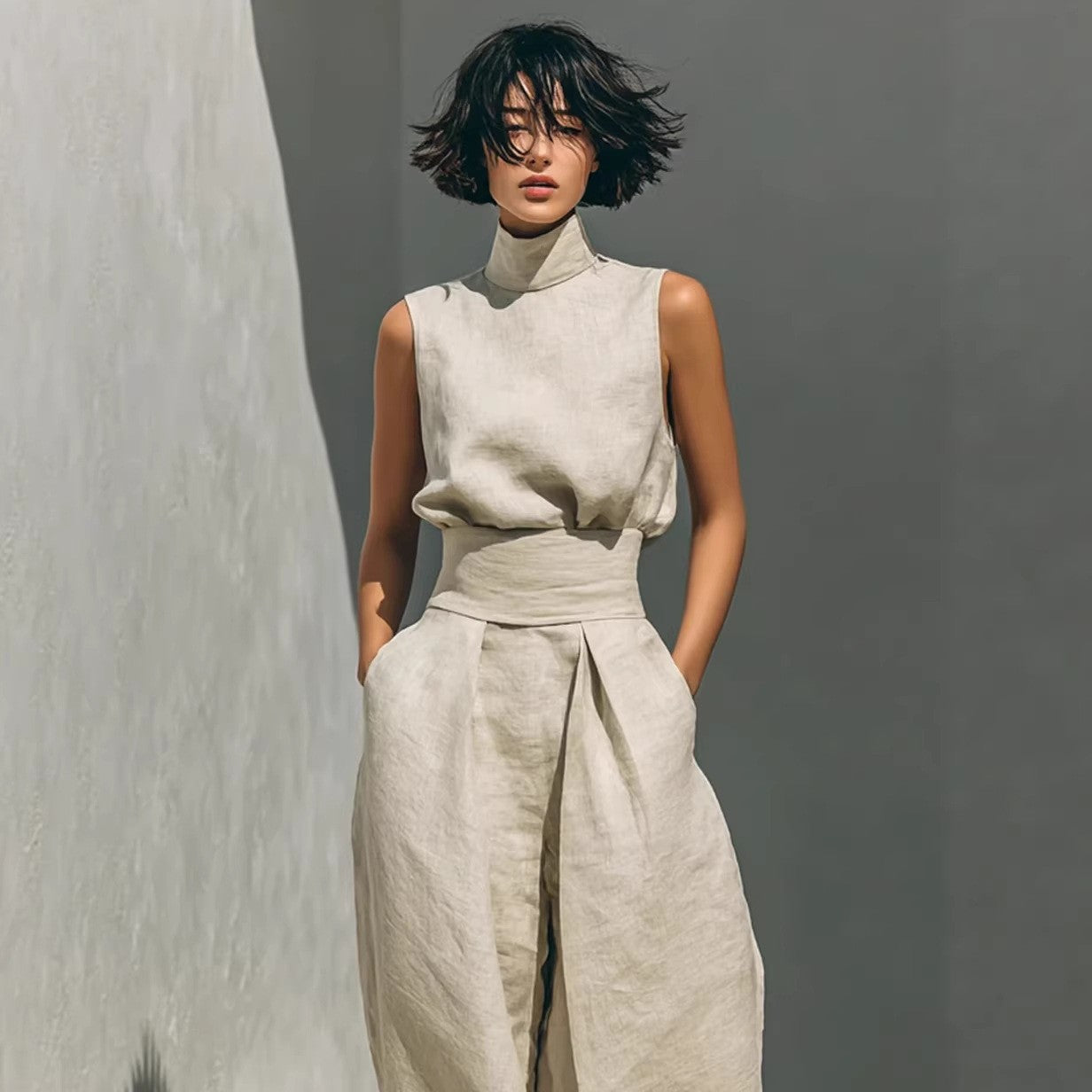 Conjunto de dos piezas de algodón y lino para mujer – Top sin mangas y pantalón de pierna ancha