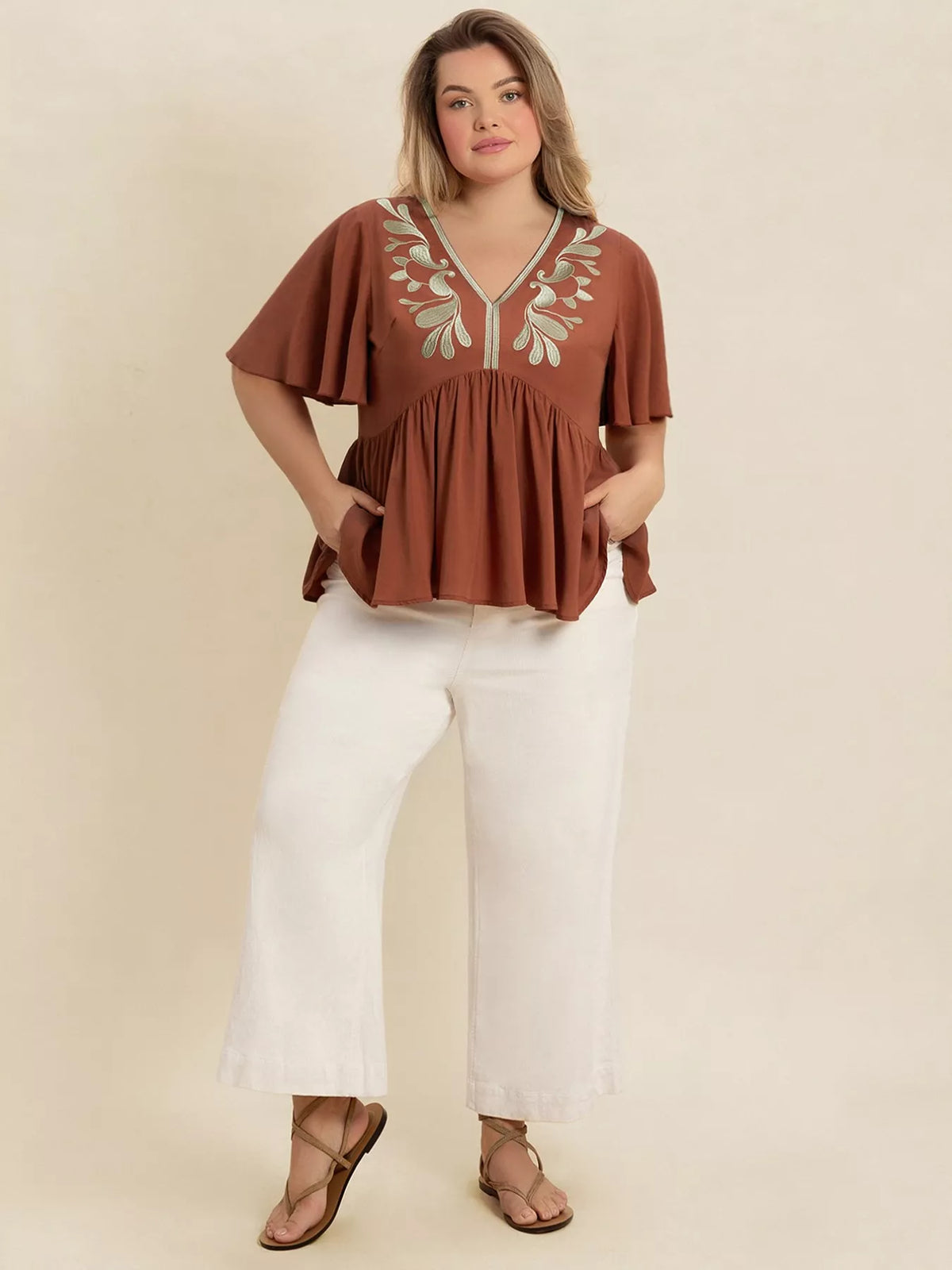 Plus Size Embroidered V-Neck Flutter Sleeve Blouse