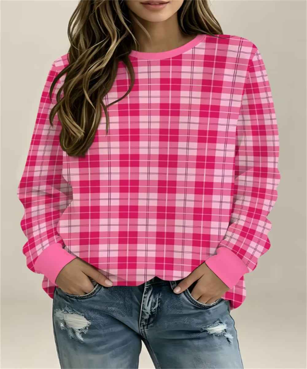 Women's Yellow White Gingham Print Crew Neck Sweatshirt, Long Sleeve Casual Pullover Top