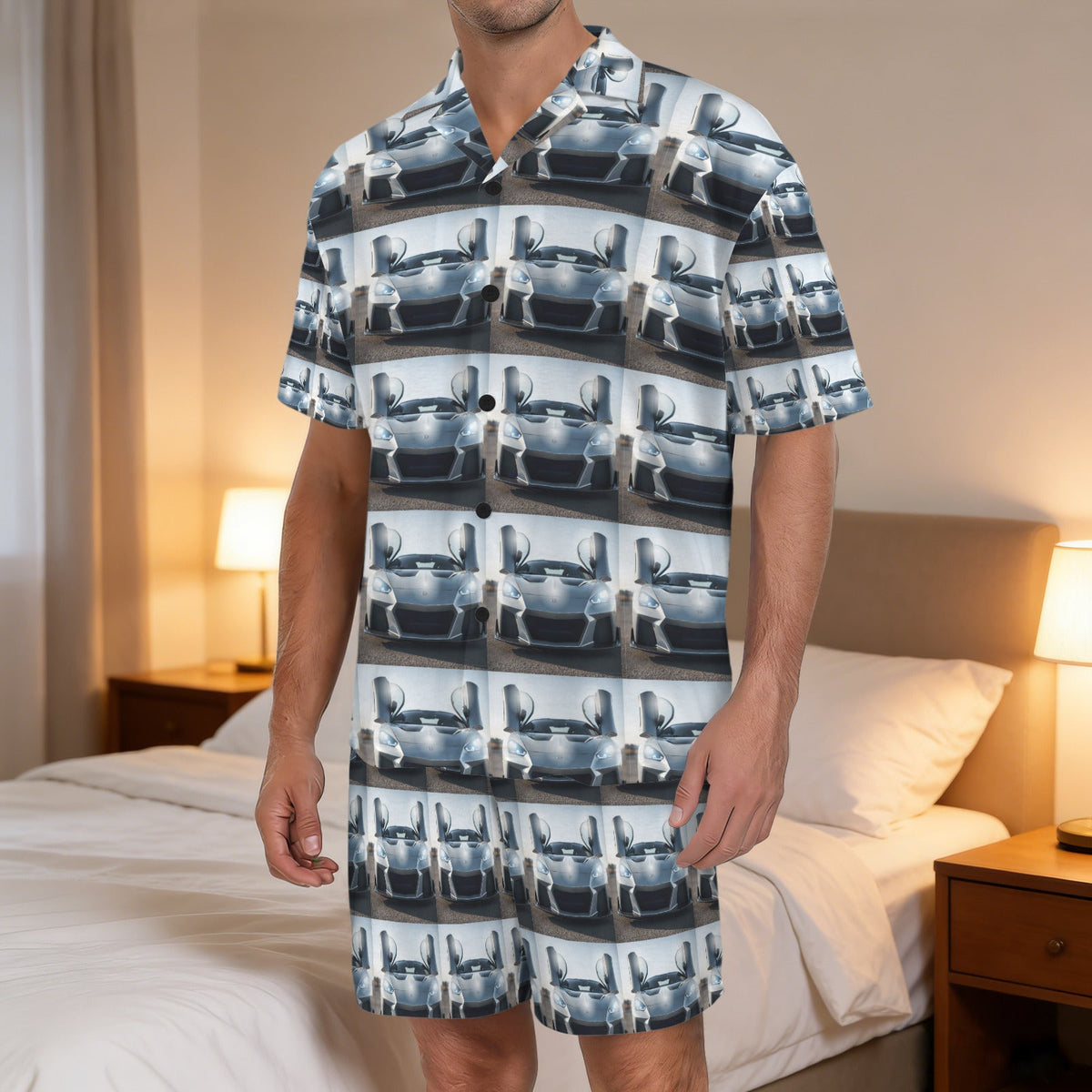 Men's Supercharged Sports Car V-Neck Shorts Pajama Set (Made in USA)