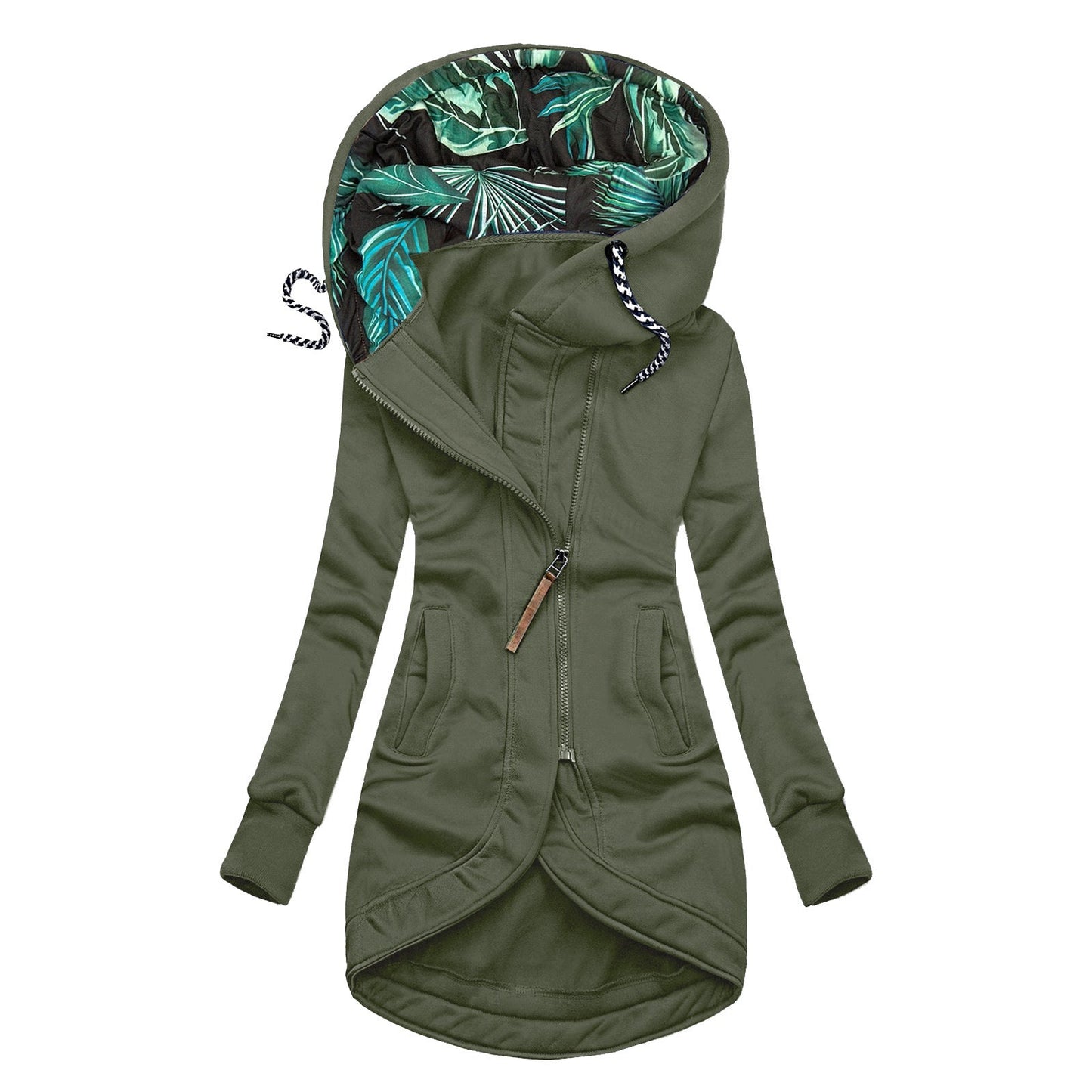 Solid Colour Printed Hooded Long Sleeve Jacket