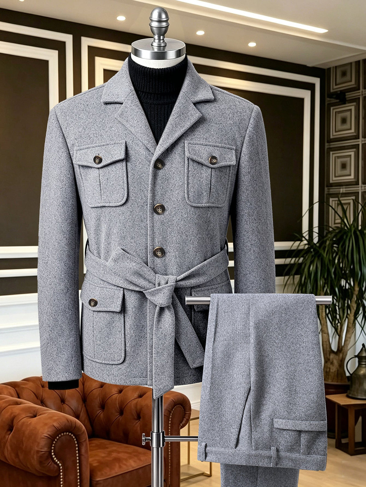 Mens Lapel Single-breasted Waist-cinched Coat With Multiple Pockets