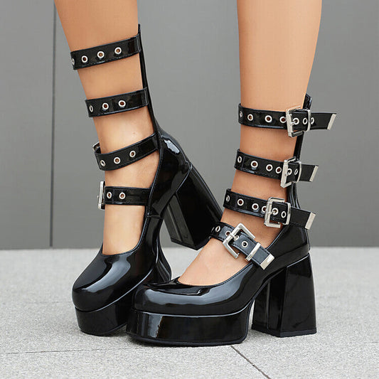 Zapatos de cuero de tacón alto grueso dulce y fresco Ver tabla de tallas en "más detalles"