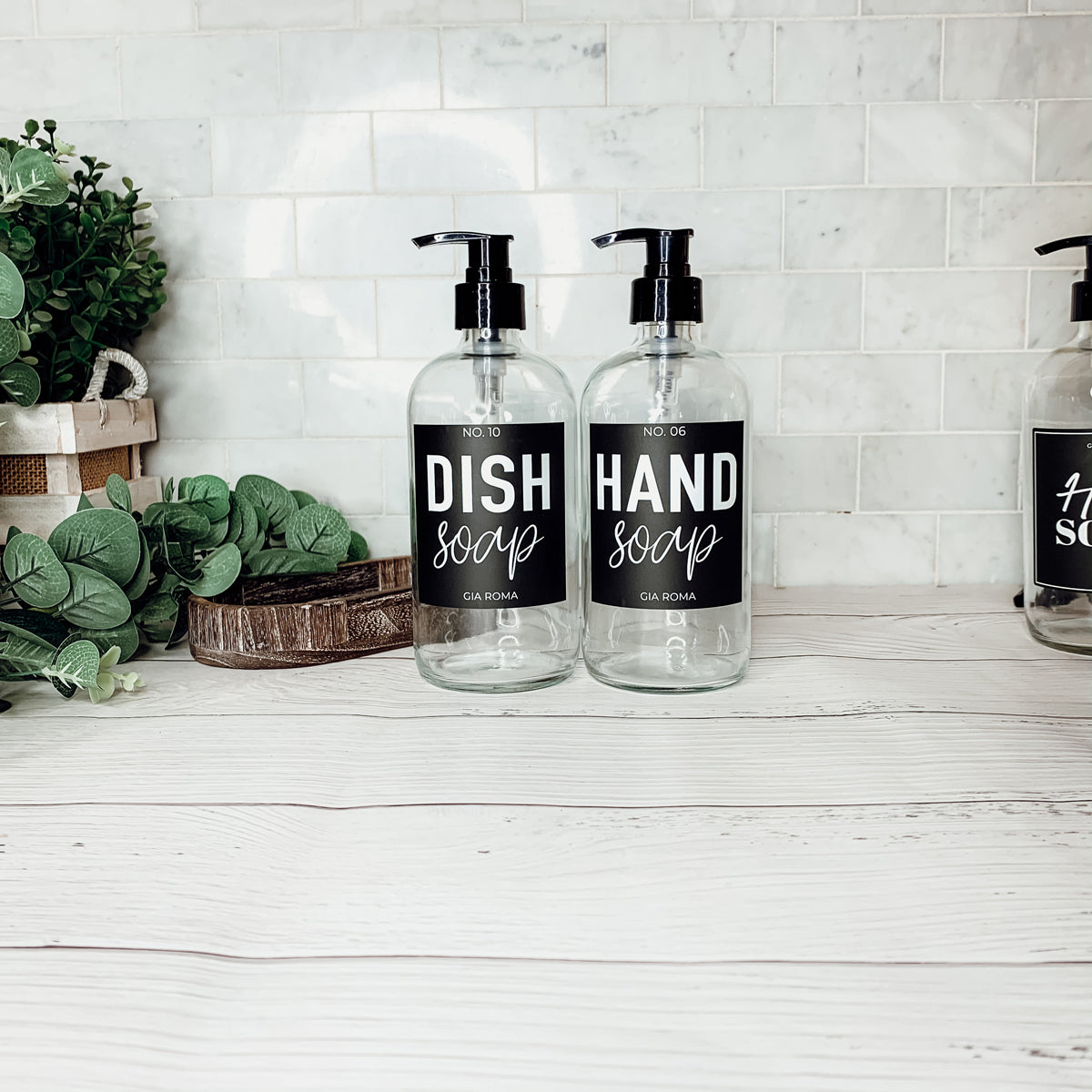 16oz Clear Glass Soap Bottle Refillable Boston Round With Black Label