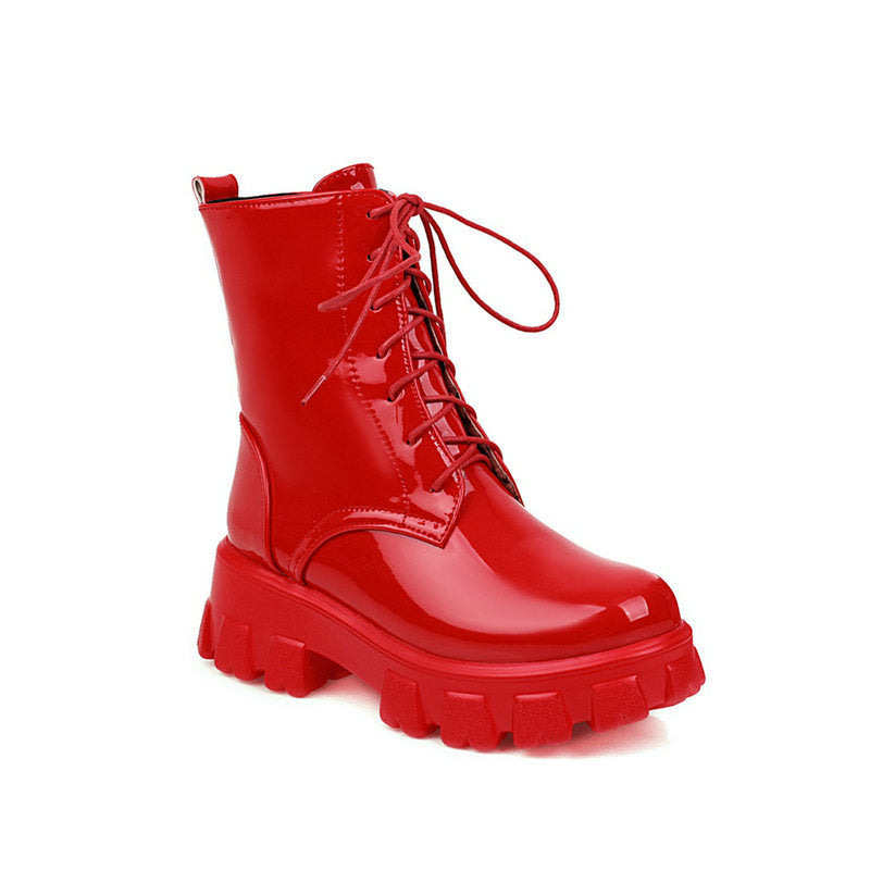 Patent Leather Lace-Up Platform Boots