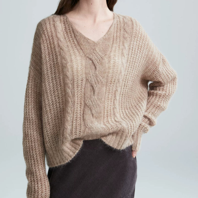 Mohair V-neck Cable Knit Sweater