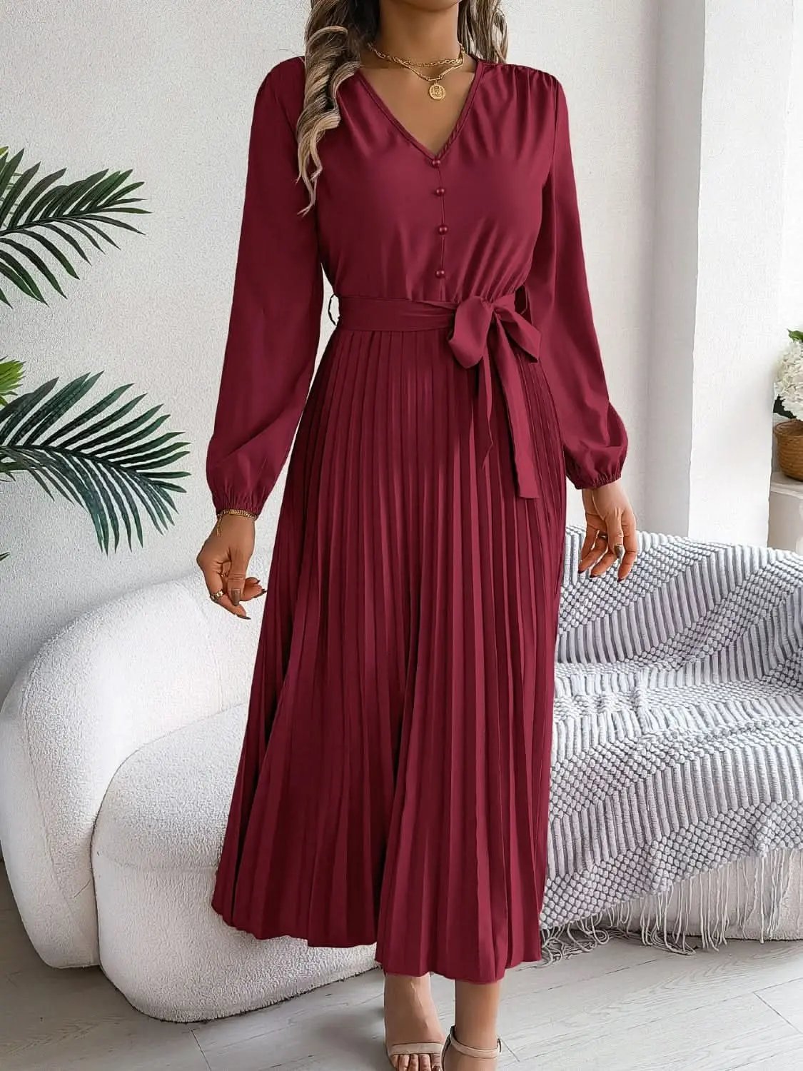 Dresses Trendsi V-Neck Dress Women's Elegant Long Sleeve Sheer Tie Dress Fashion
