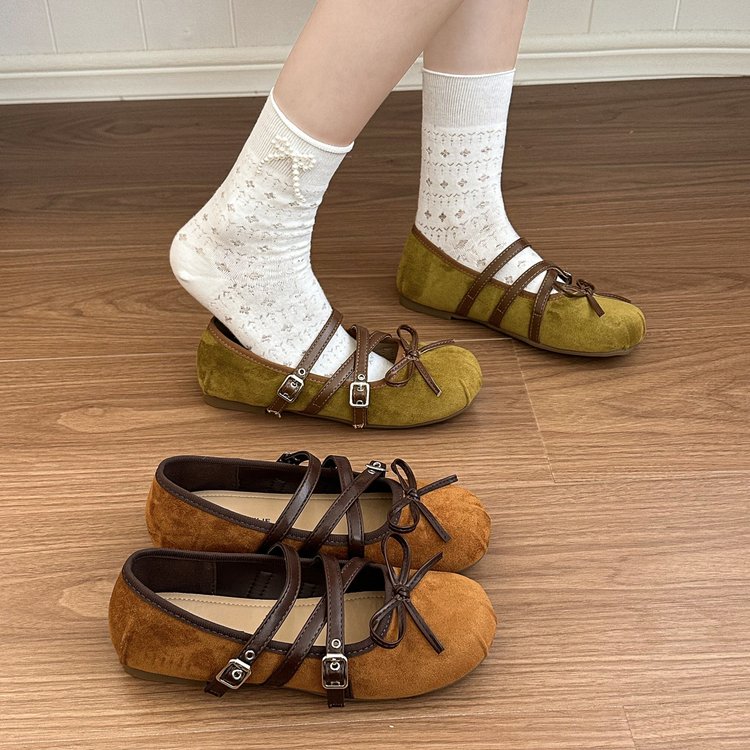 Women Round Toe Crisscross Strap Bow Ballet Flats, Double Buckle Soft Sole Sweet Casual Ballerina Daily Shoes