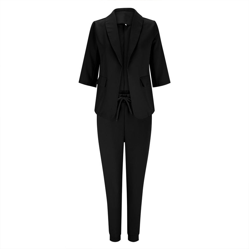 Conjunto de traje de saco con solapa de muesca y pantalón con cordón para mujer