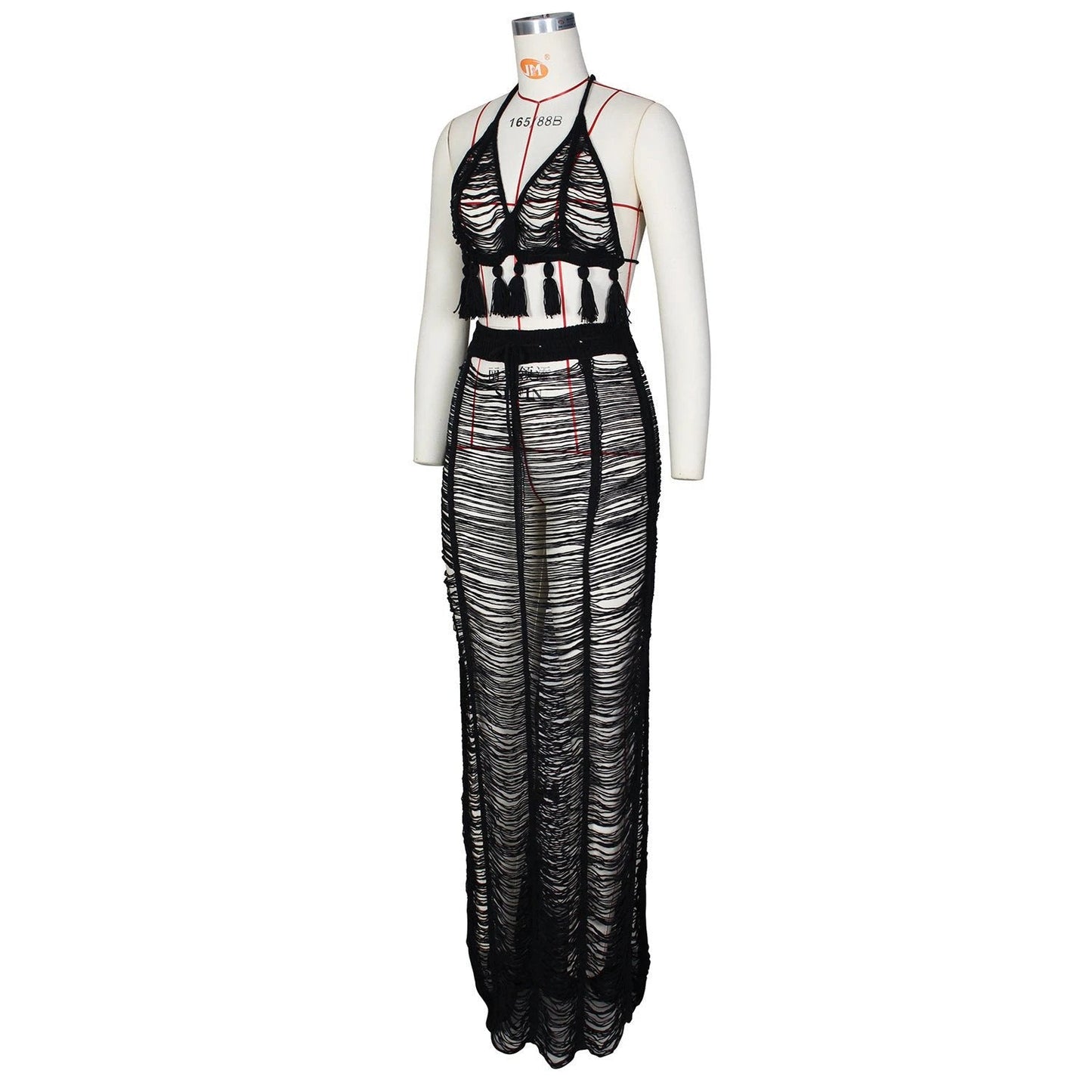 See-through Tassel Knitted Beach Skirt Suit