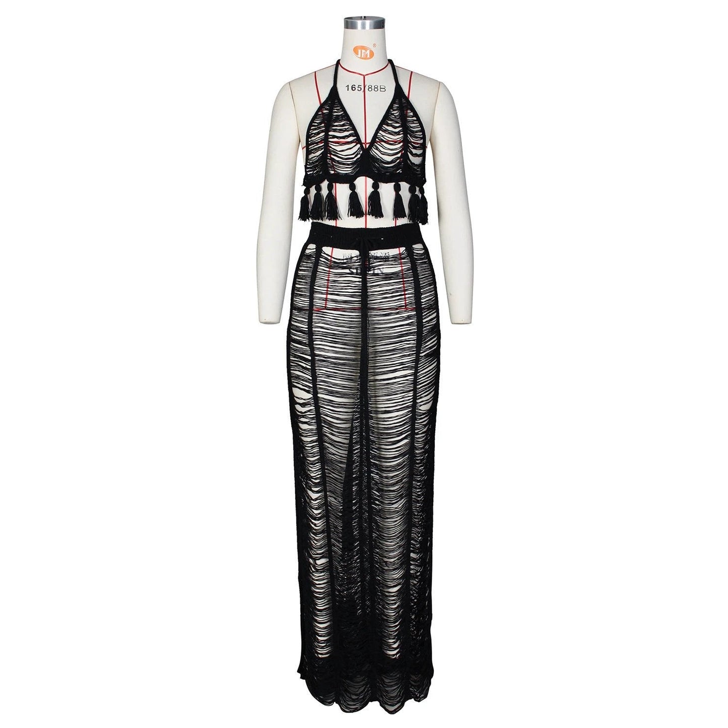 See-through Tassel Knitted Beach Skirt Suit