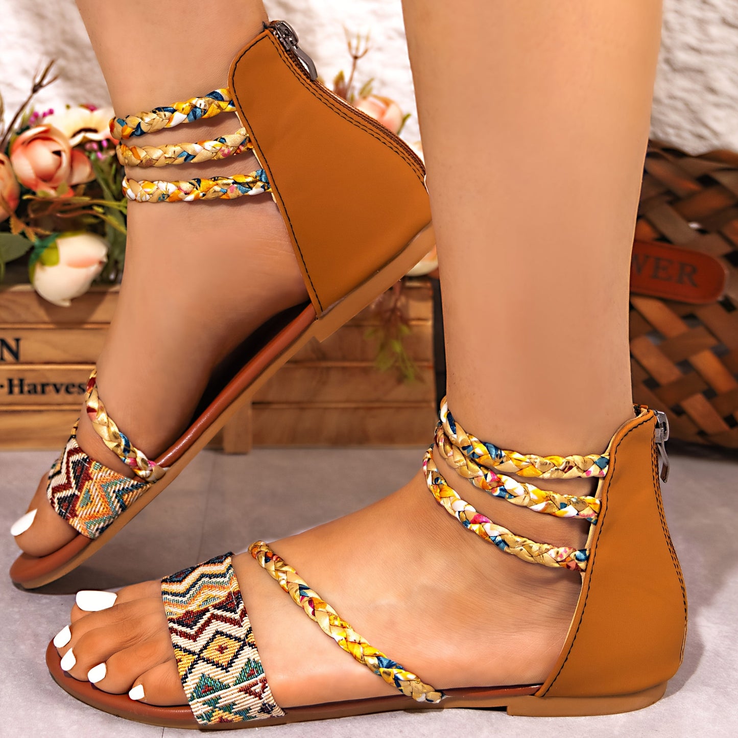 Sandalias Romanas Bohemias para Mujer - Zapatos Planos de Punta Abierta con Cremallera Trasera