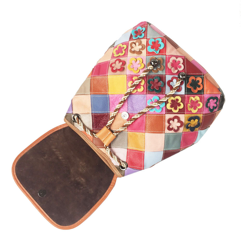 Stitching Rhombus Retro Women's Bag Leather Backpackage Backpack See size chart under “more details”