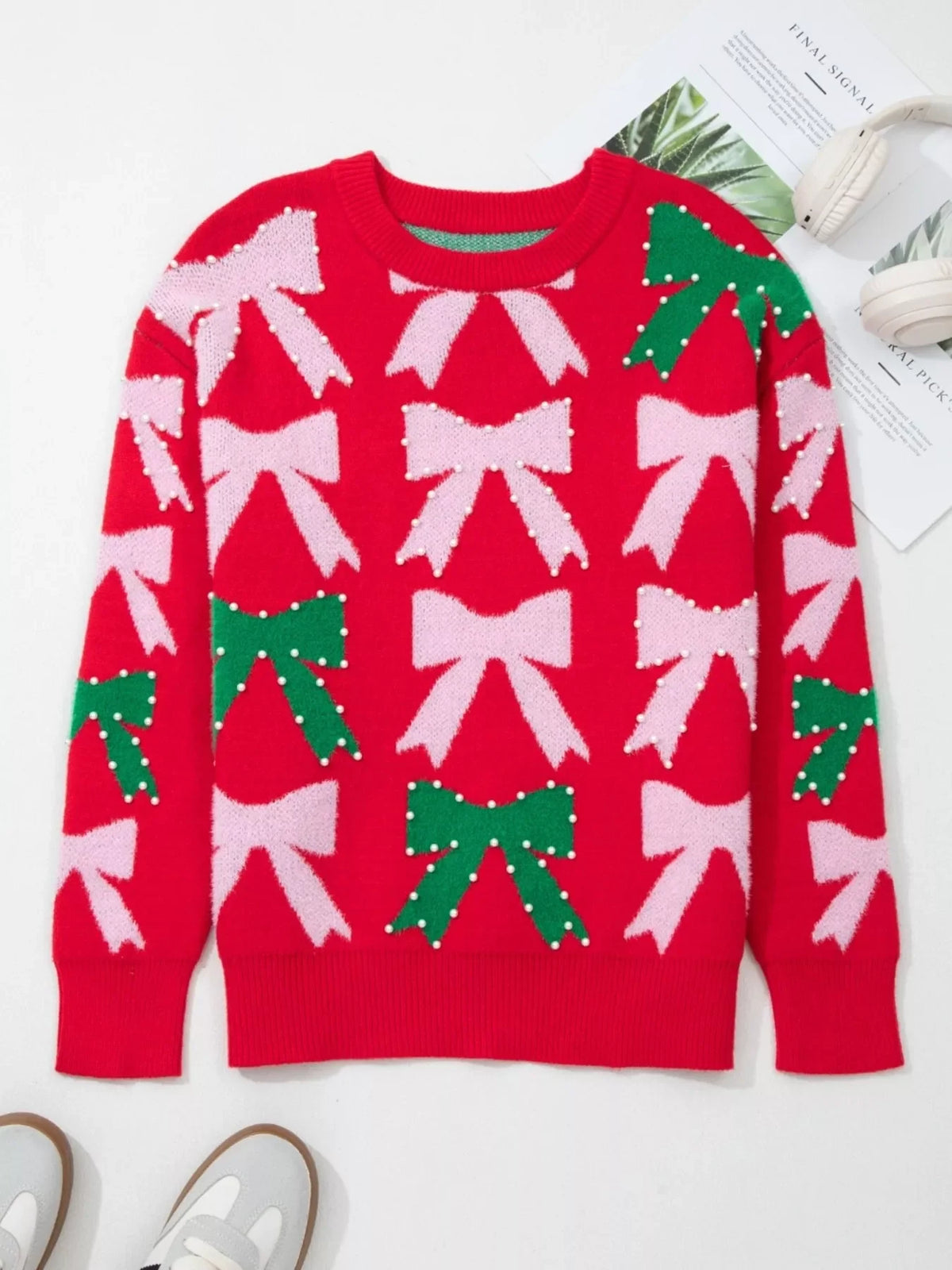 Bow Pearl Embellished Christmas Holiday Sweater