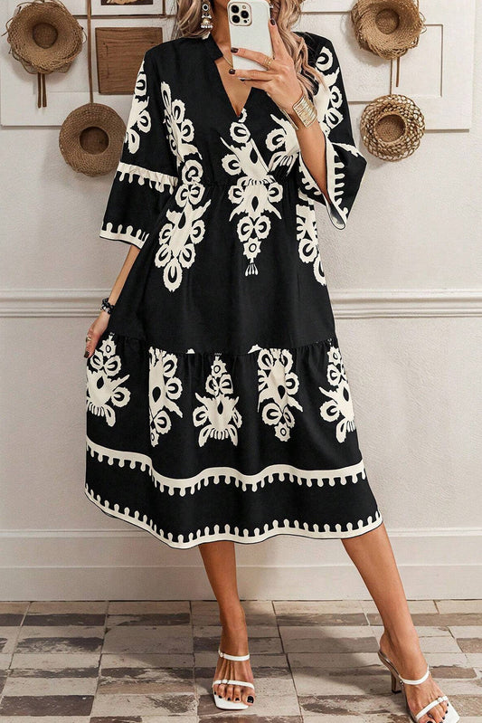 Vestido Midi Suelto de Manga 3/4 con Estampado Geométrico Occidental Negro