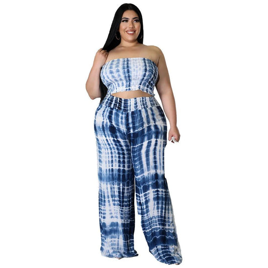 Traje de dos piezas de talla grande con estampado Tie-dye, estilo bustier y sin espalda para mujer