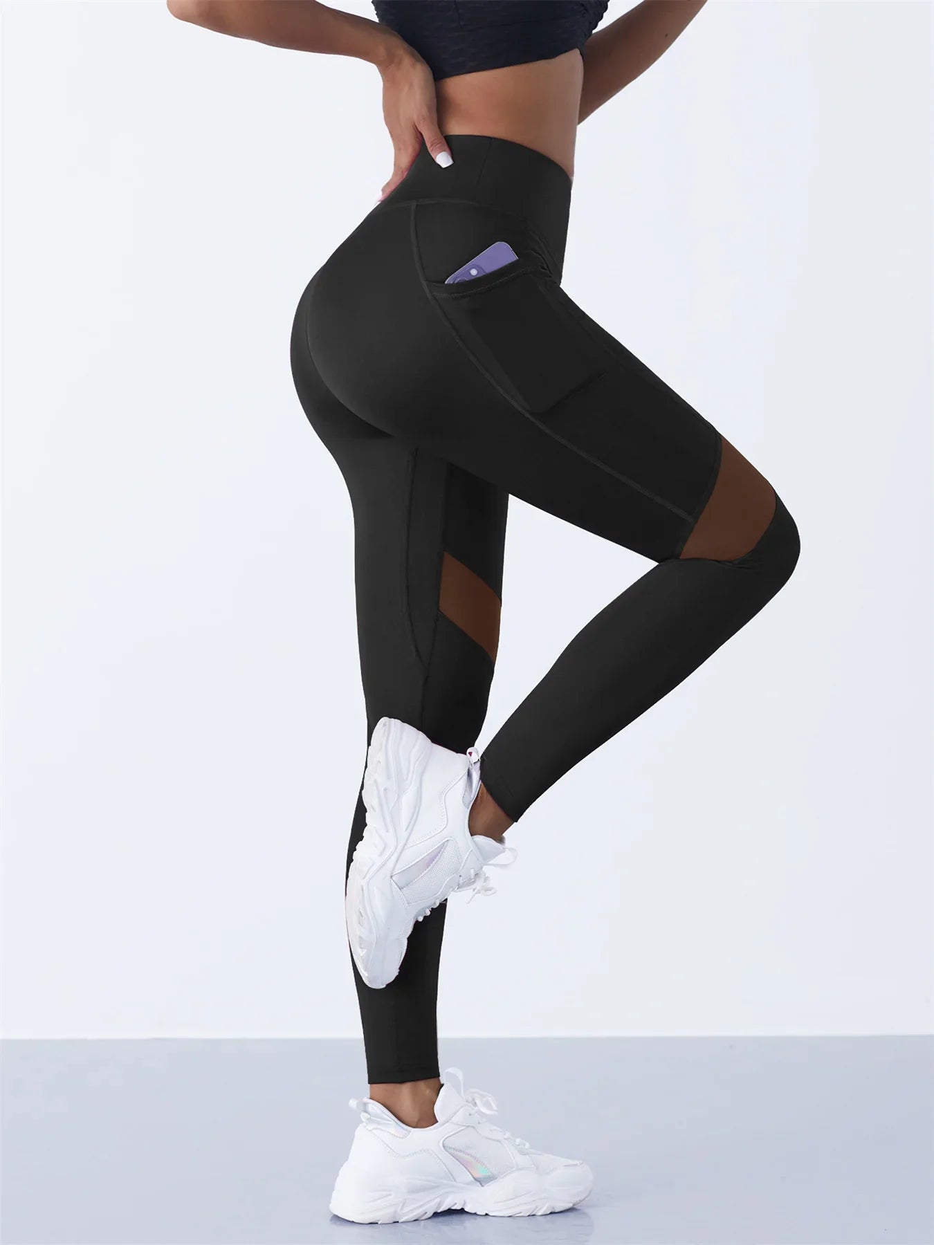 High-Waist Yoga Pants With See-through Tulle Splicing with Tummy Control - Clearance Sale