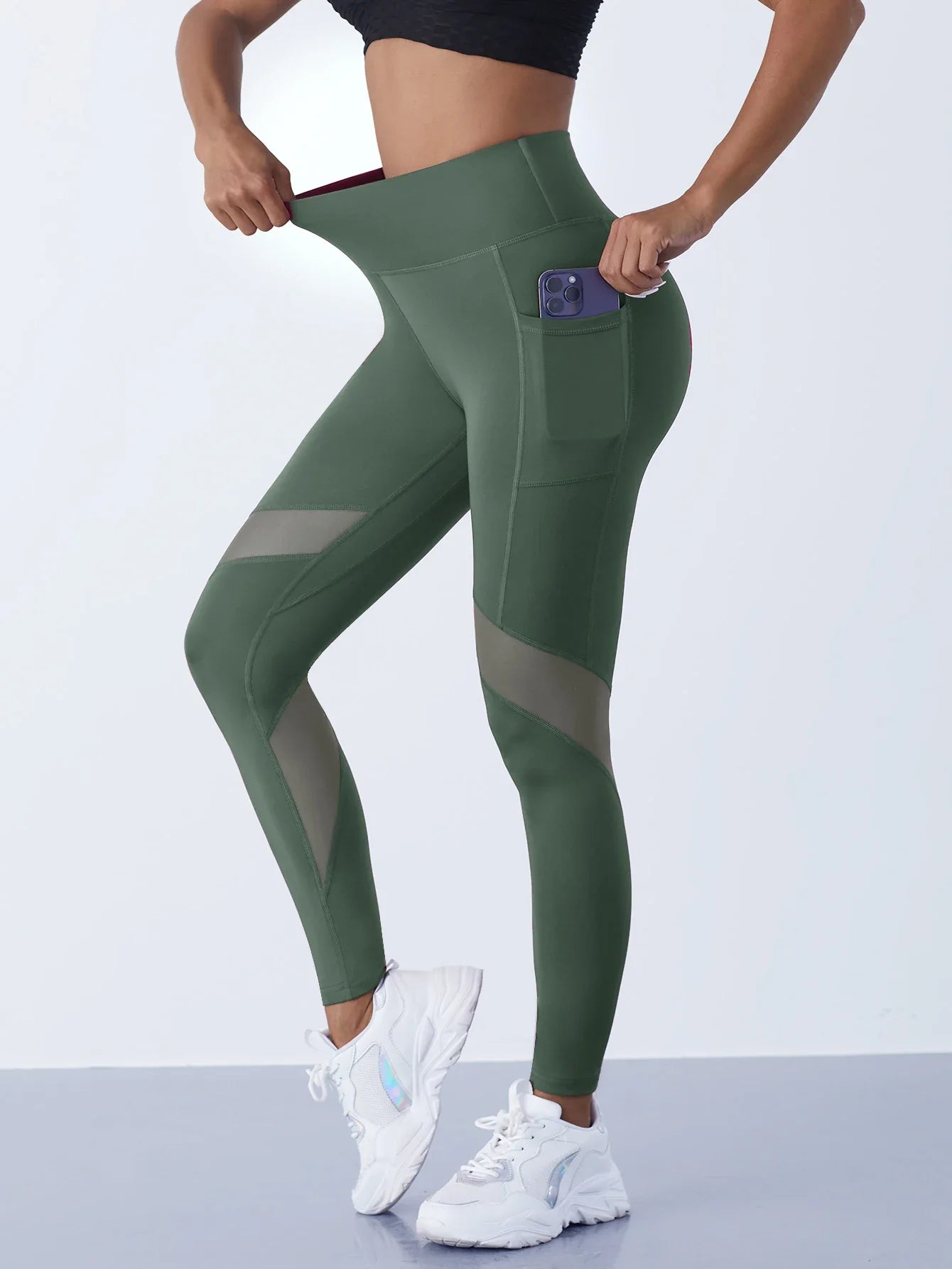 High-Waist Yoga Pants With See-through Tulle Splicing with Tummy Control - Clearance Sale