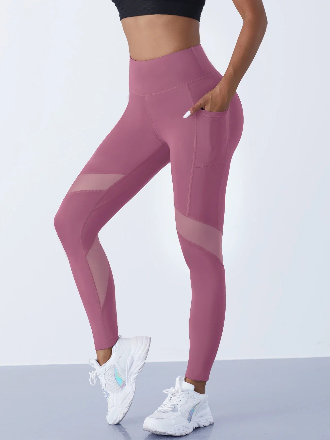 High-Waist Yoga Pants With See-through Tulle Splicing with Tummy Control - Clearance Sale