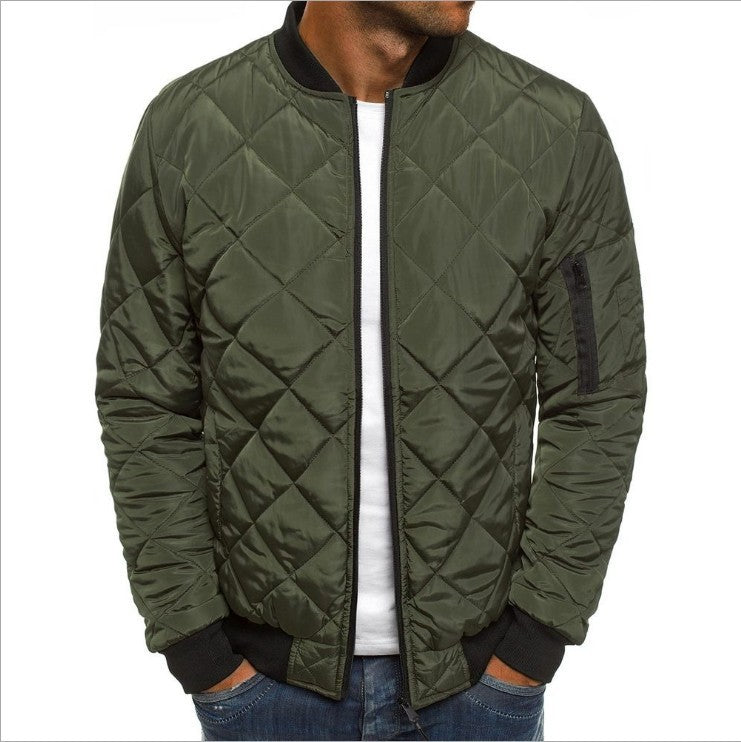 Chaqueta de invierno para hombre, color liso, cuello alto, diseño de costura de rombos, abrigo informal de negocios