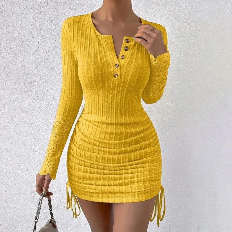 Women's Elegant Bodycon Dress - Round Neck With Button Detail, Solid Color Long Sleeve Lace Cuff & Drawstring Hem Holiday Dress