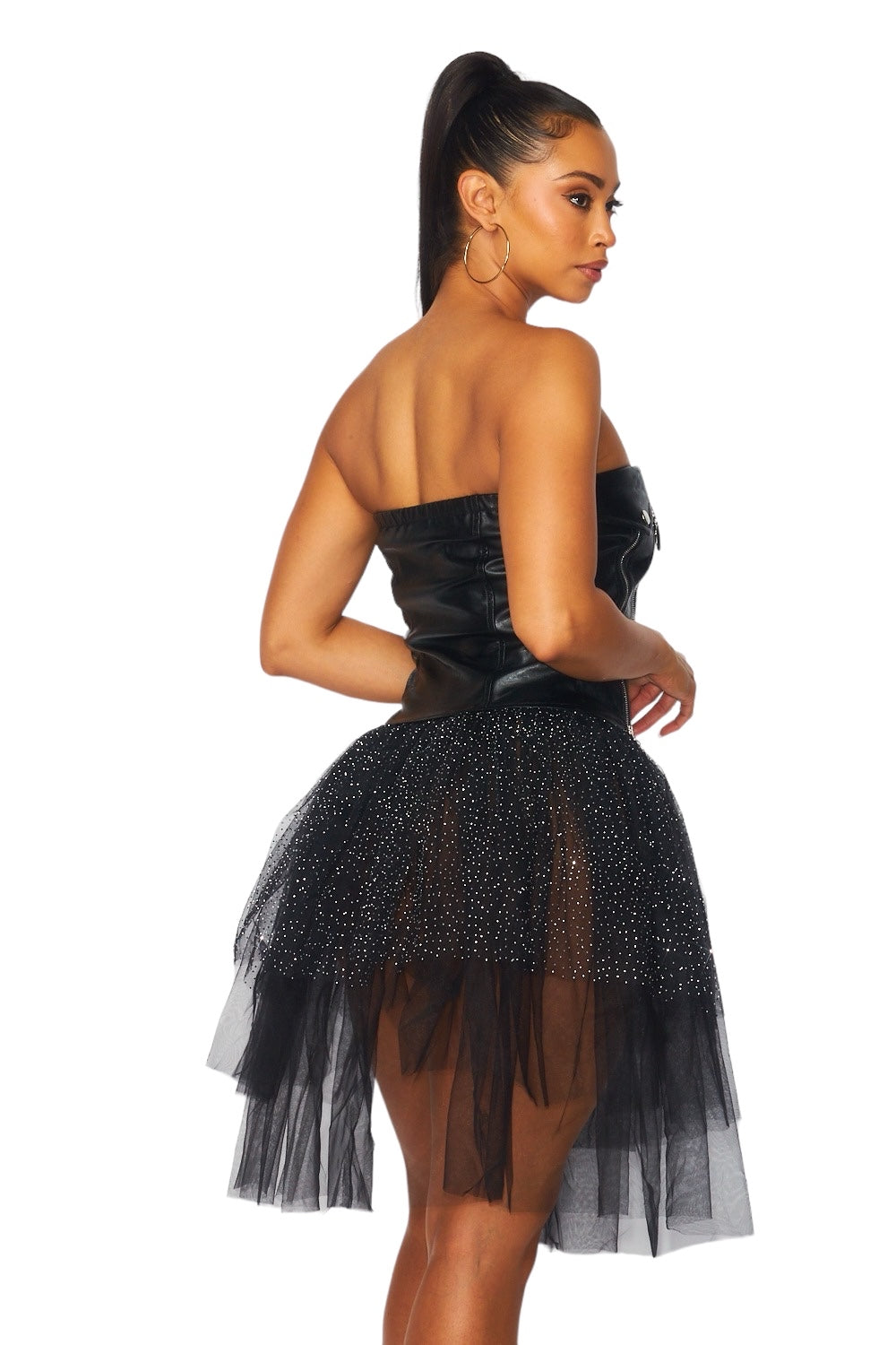 Vestido tubo de tul con cremallera de cuero vegano