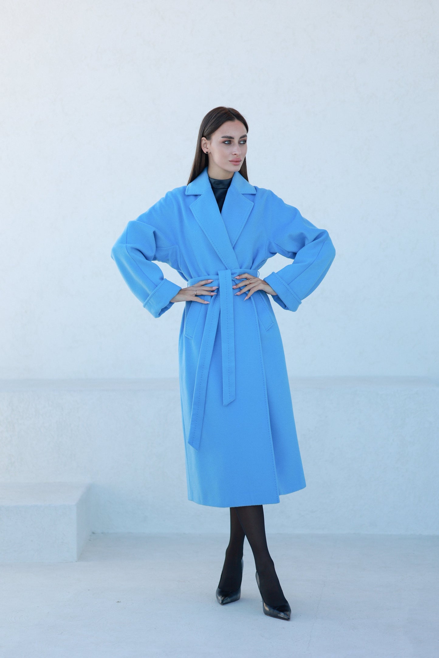 Abrigo Clásico de Mezcla de Lana y Cachemira Cepillada en Azul Celeste