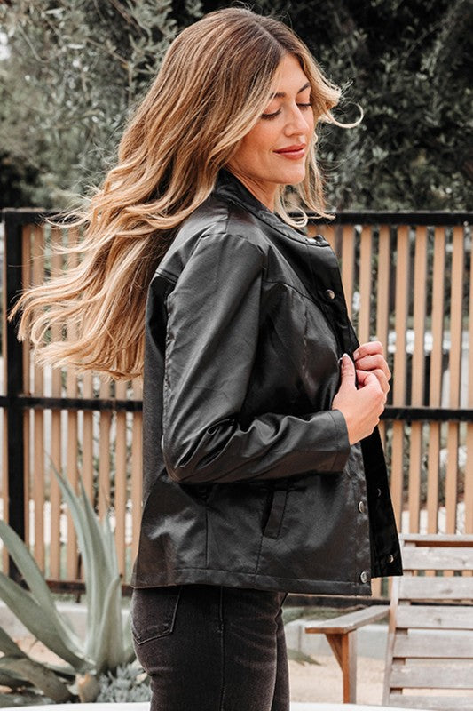 Faux Leather Button-Front Boxy Jacket See size chart under “more details”