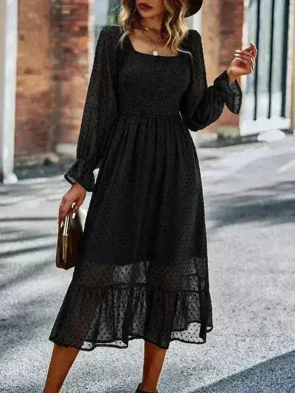 Smocked Long Sleeve Dot Dress – Flirty & Feminine Style