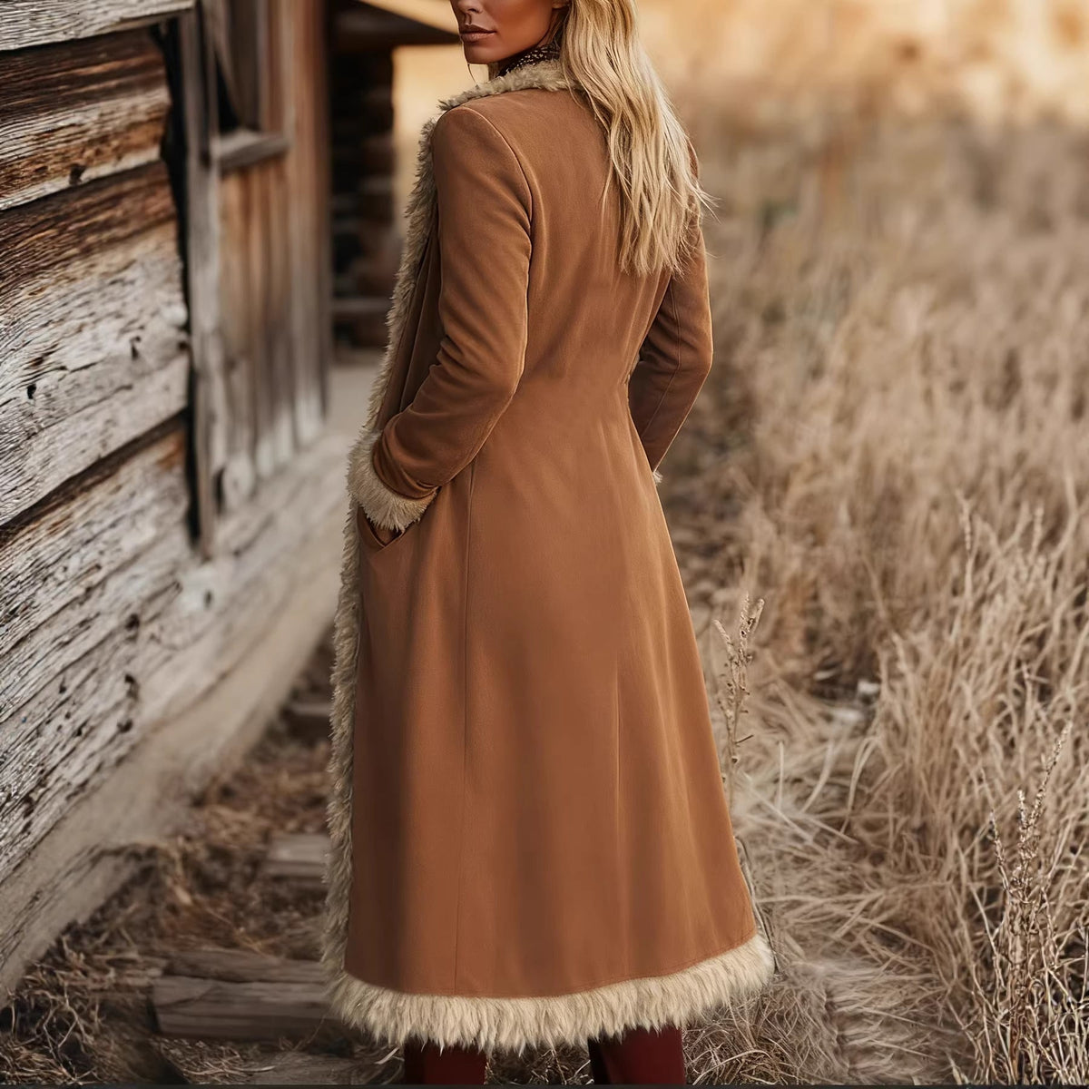 Women's Spring And Autumn Fashion Retro Suede Edge Solid Color Long Wind Jacket