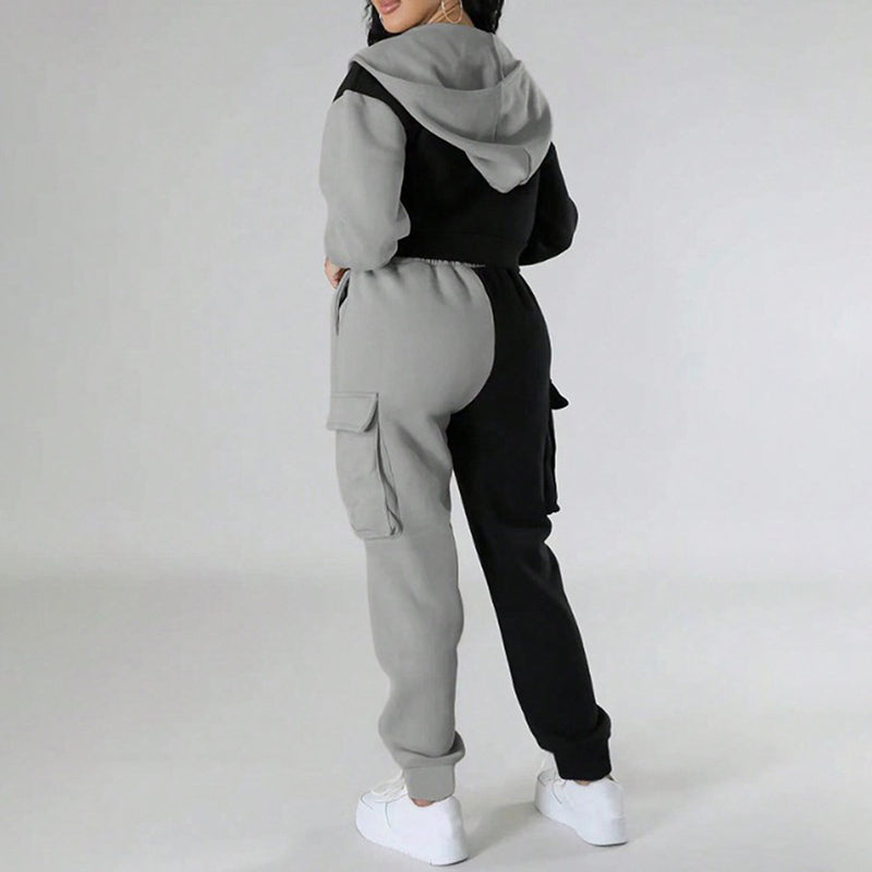 Women's Color Block 2 Piece Set, Full Zip Up Cropped Hoodie Jacket & Drawstring Cargo Pants, Casual Streetwear Outfit See size chart under “more details”