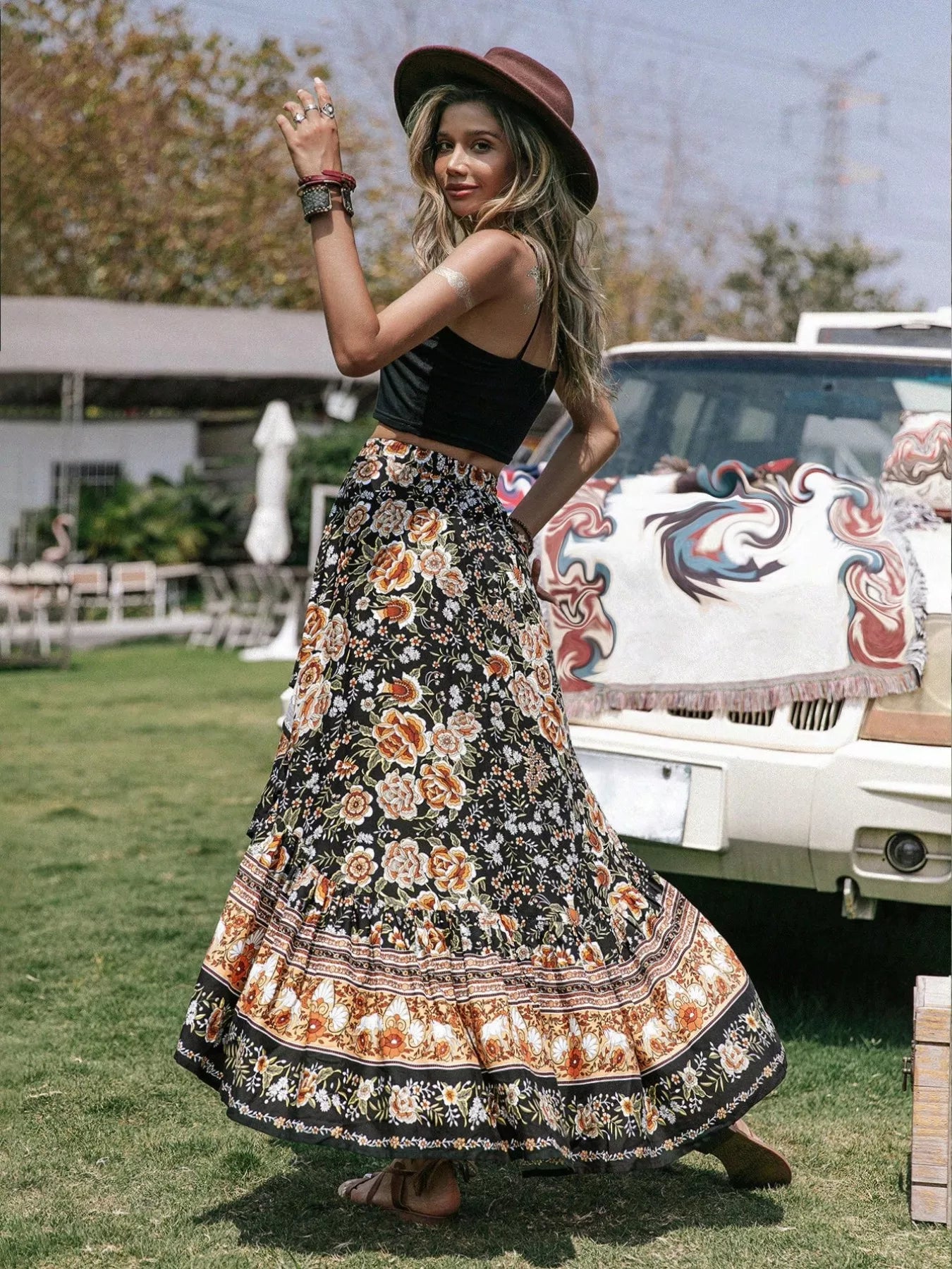 Plus Size Boho Floral Print High-Low Skirt See size chart under “more details”