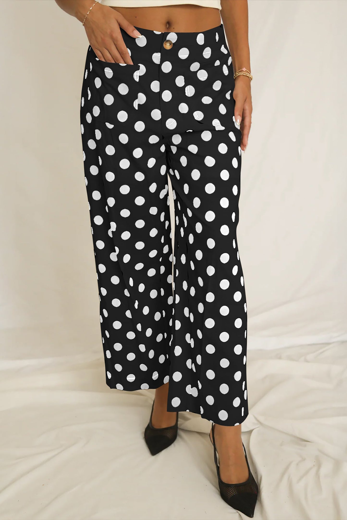 Pantalones Anchos con Bolsillos de Lunares Blancos