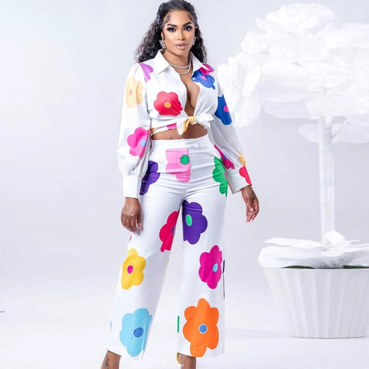 Traje de dos piezas de camisa estampada de color a la moda para mujer