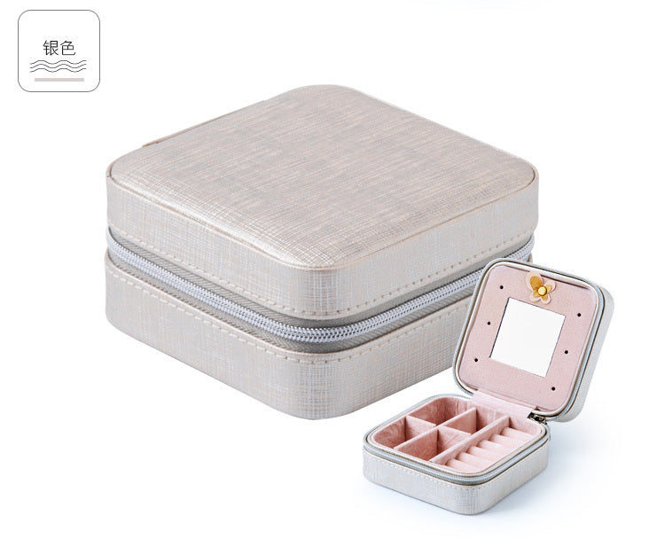 Women Jewelry Organizer Box PU Leather Travel Makeup Cosmetic Case with Mirror & Zipper