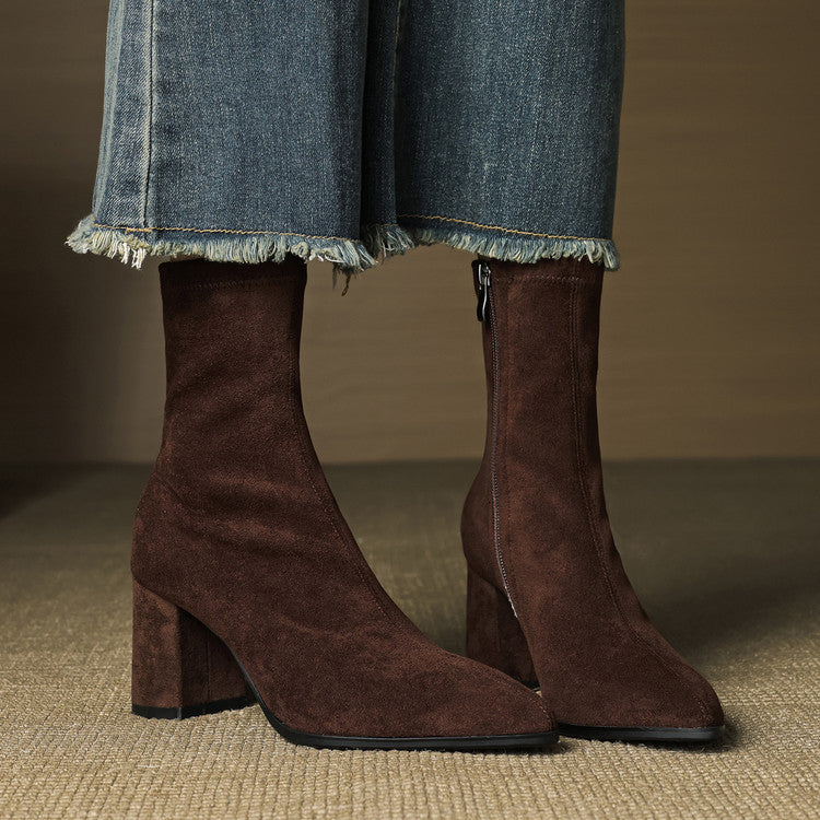 Women's High-Heel Stretch Side Zipper Block Heel Boots