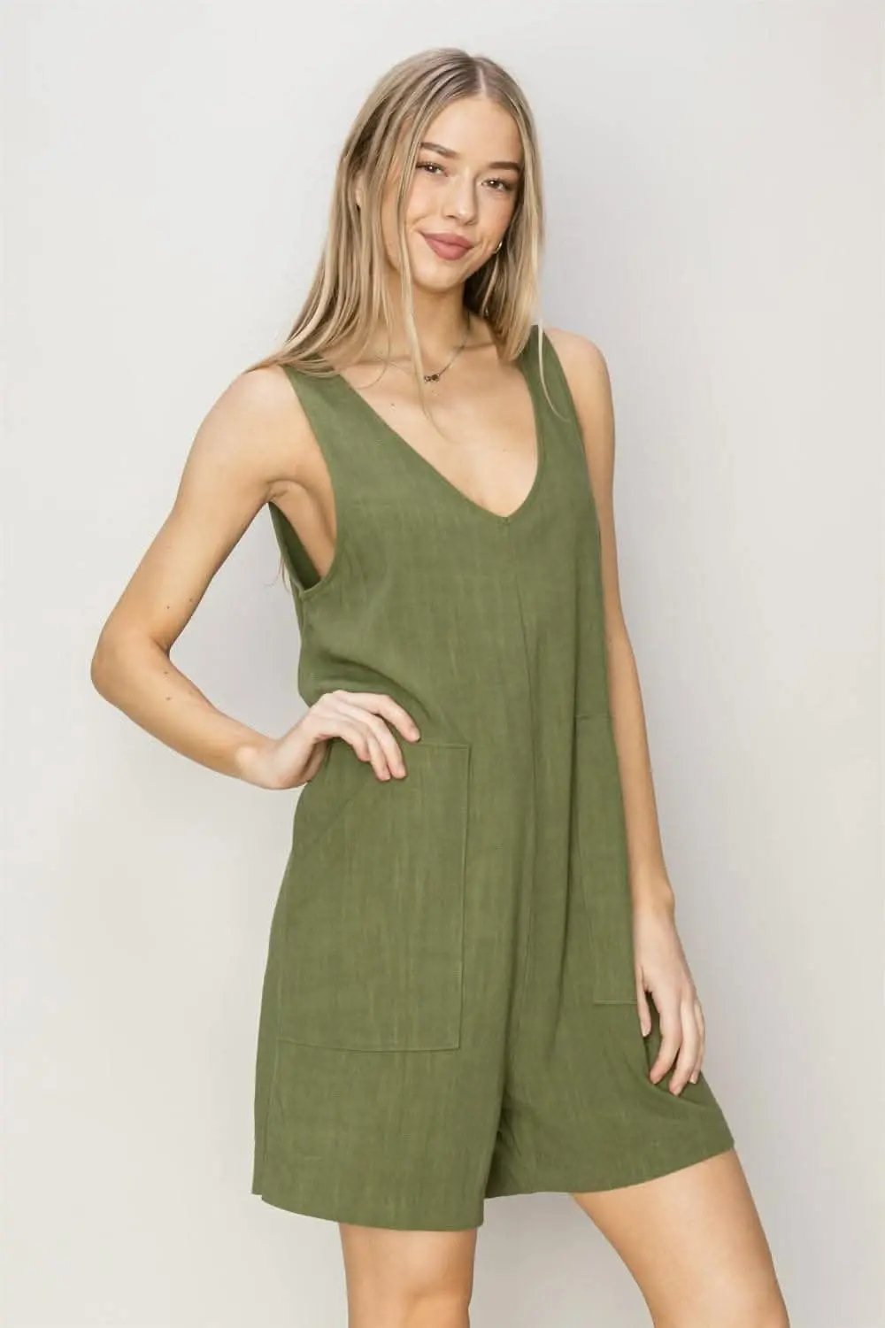 V-Neck Romper - Casual Summer Jumpsuit with Pockets