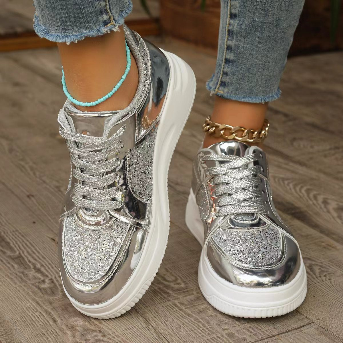 Women's Sequin Lace-Up Platform Sneakers
