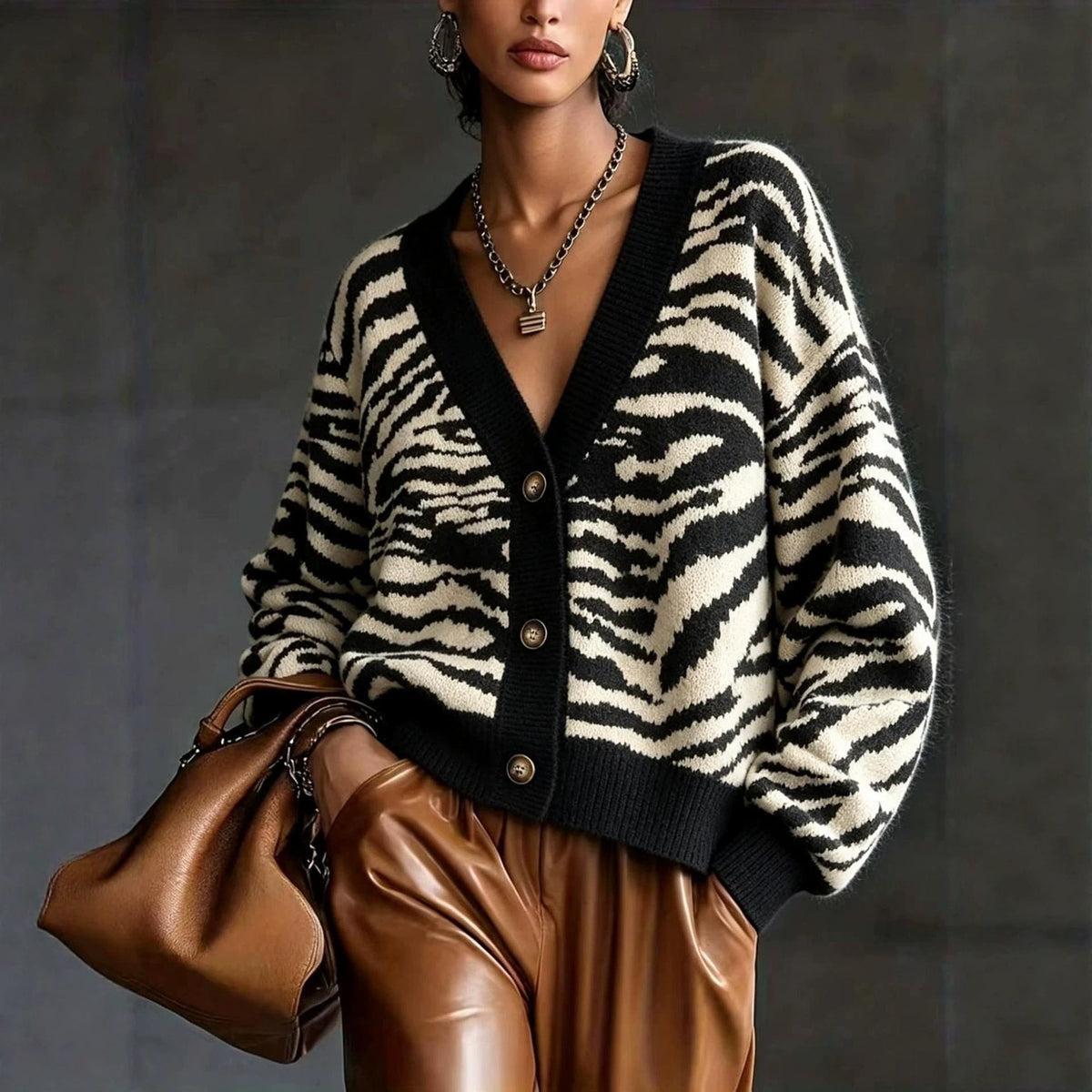 Women's Zebra Striped Knit Cardigan, 2026 Fall Winter Loose Long Sleeve Button Down Sweater, Casual Lazy Style Knit Outerwear