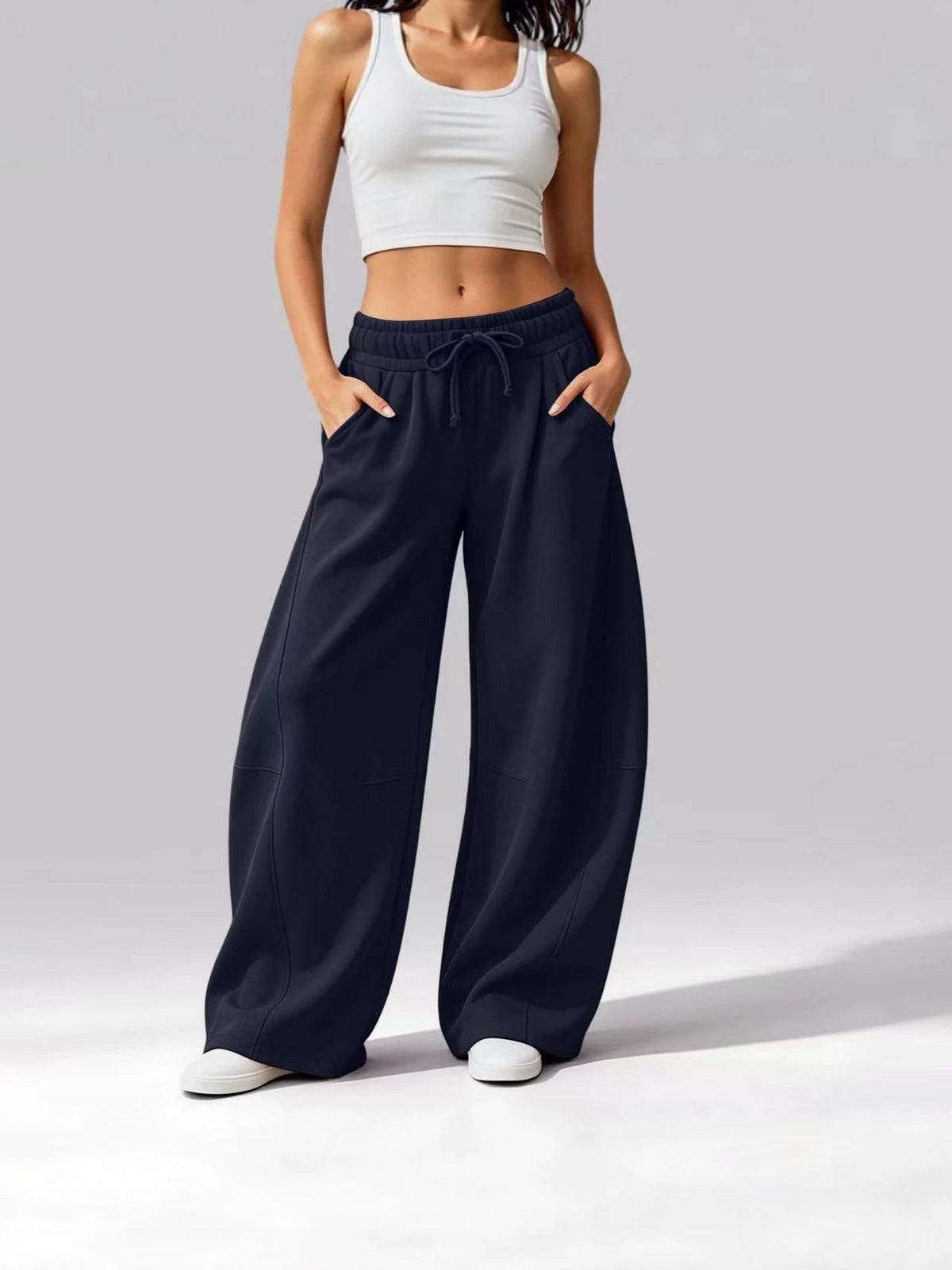Women's Solid Color Casual Pocket Wide-Leg Pants, Fleece-Lined Drawstring Sweatpants